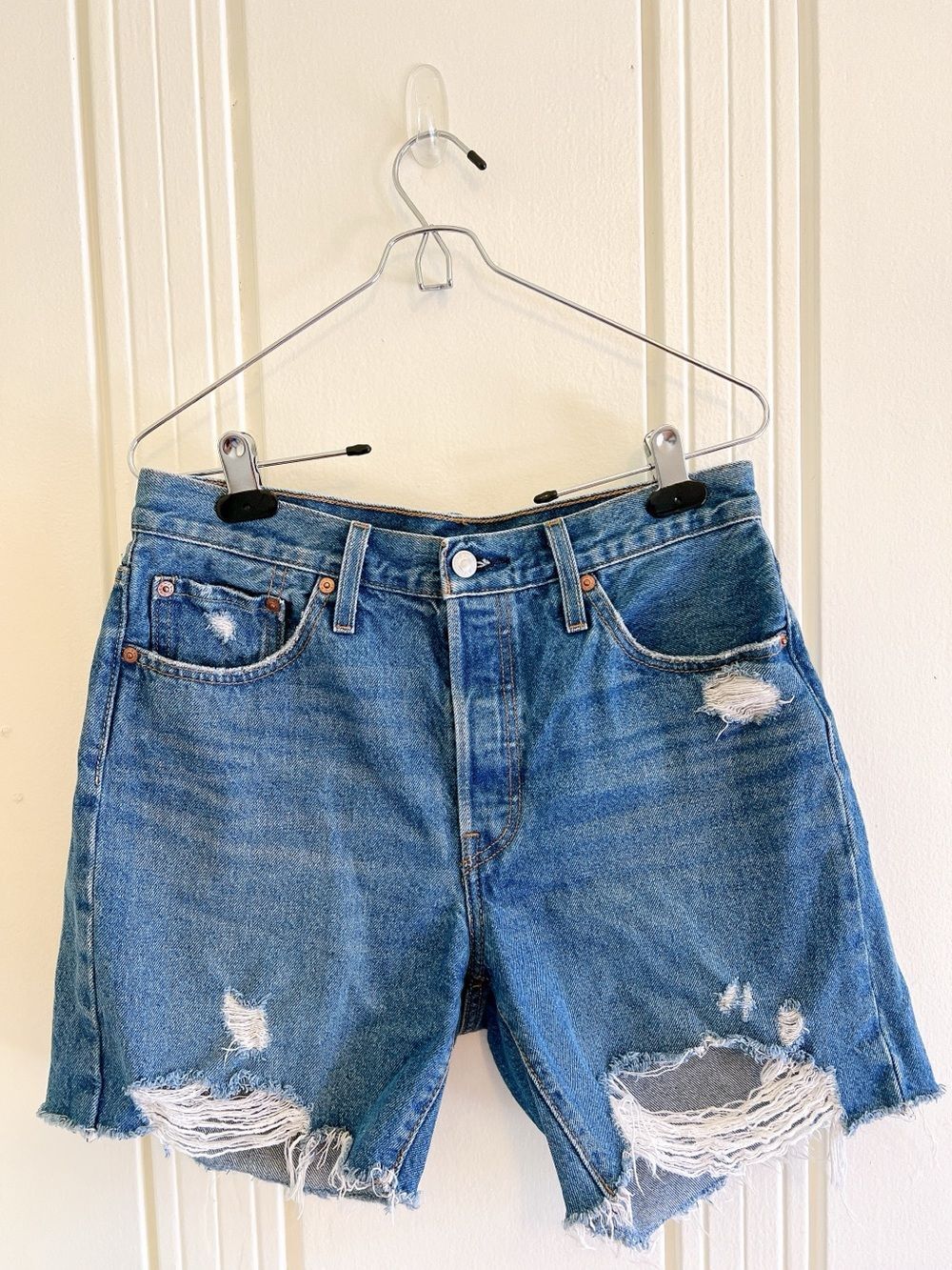 Levi's Medium Blue Distressed Denim Shorts